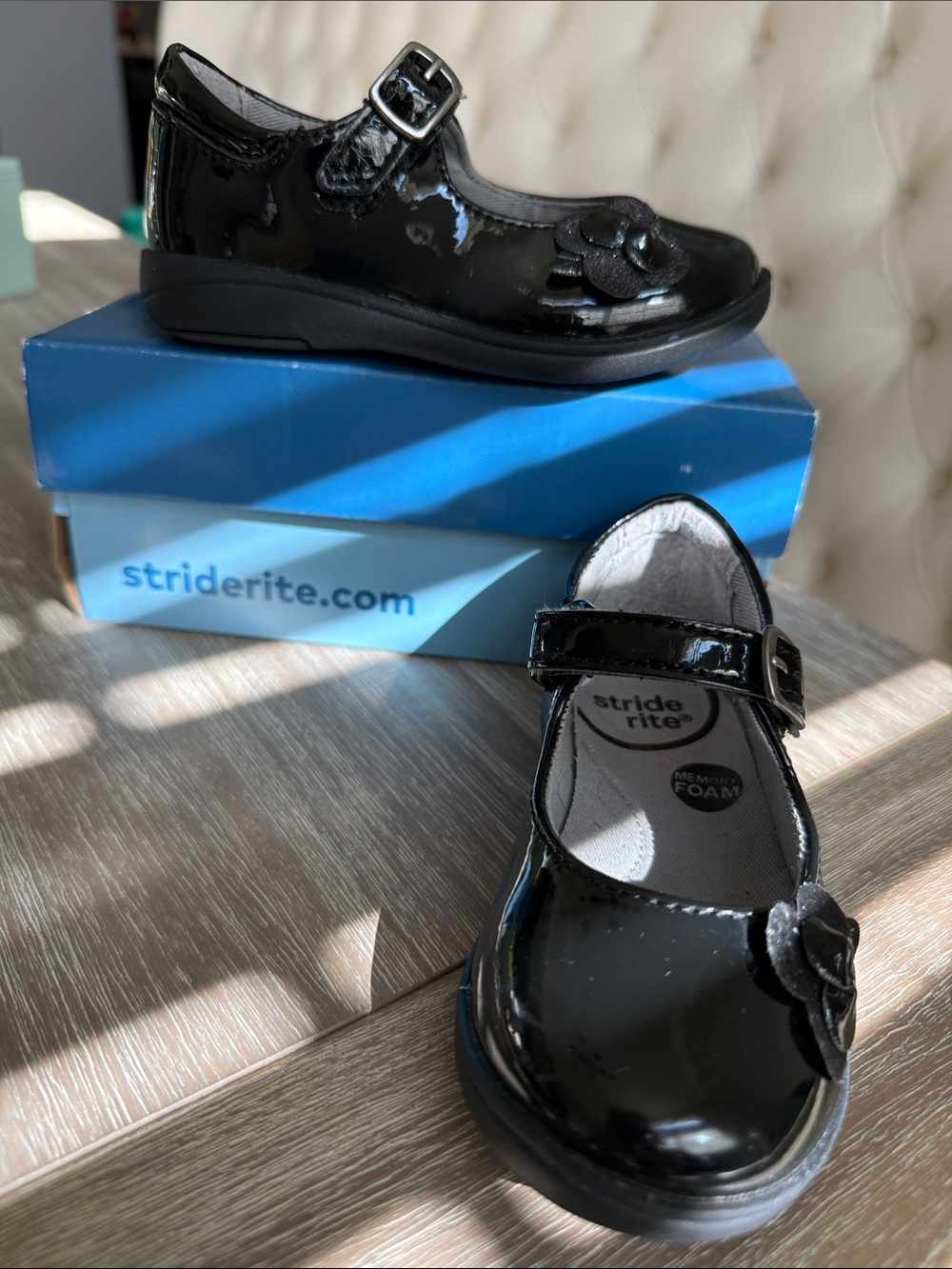 Stride Rite Black Patent Mary Jane Shoes with Flower Accent